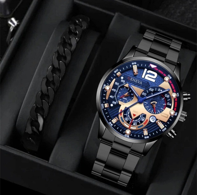 2pcs Men's New Popular Steel Strip Fashion Business Three Eye Quartz Watch Bracelet Set Valentine's Day Gifts - Image 3