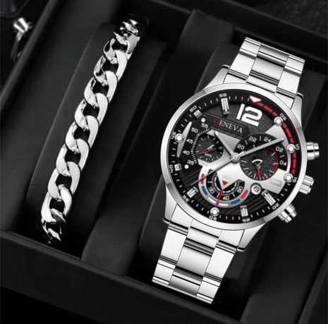 2pcs Men's New Popular Steel Strip Fashion Business Three Eye Quartz Watch Bracelet Set Valentine's Day Gifts - Image 9