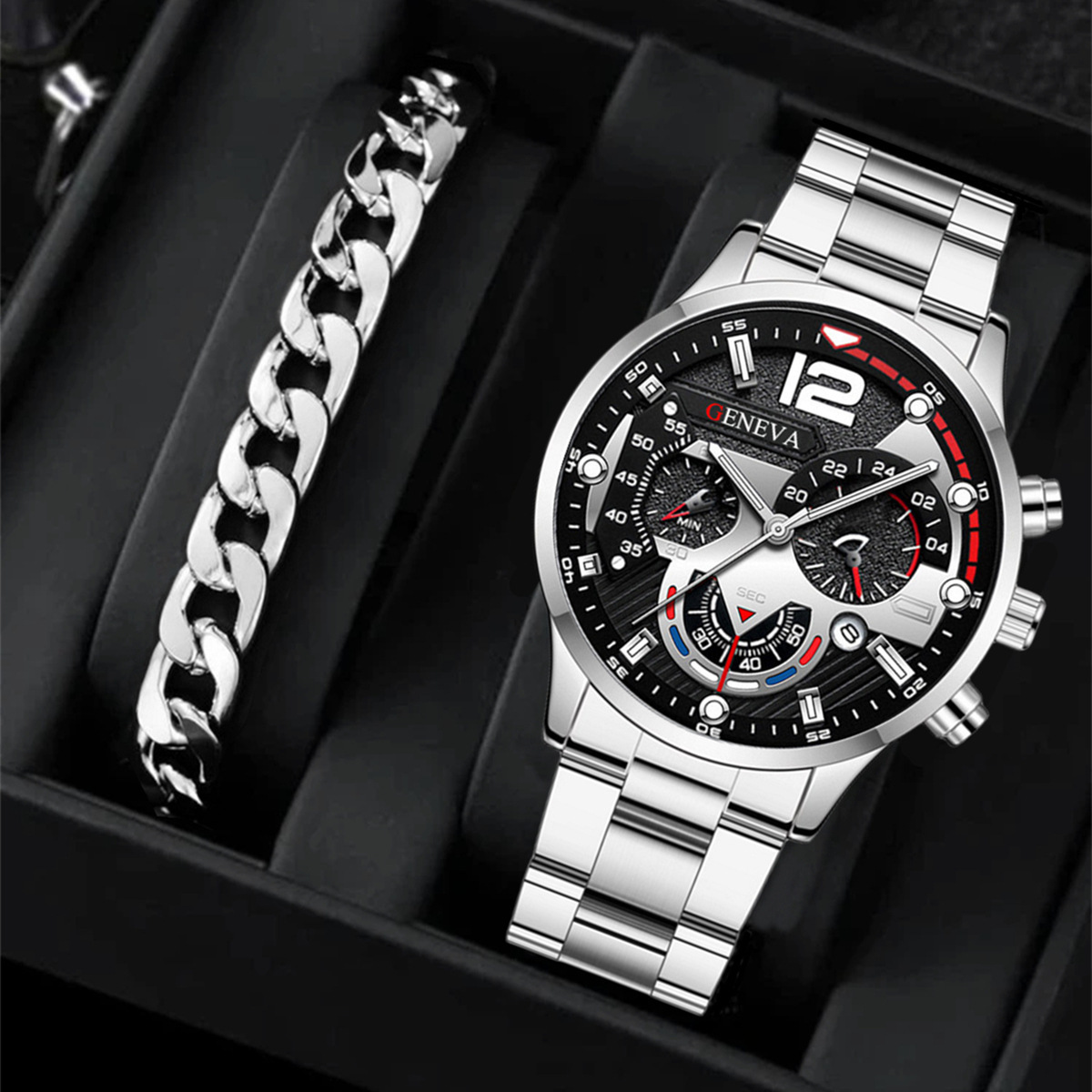 2pcs Men's New Popular Steel Strip Fashion Business Three Eye Quartz Watch Bracelet Set Valentine's Day Gifts - Image 4